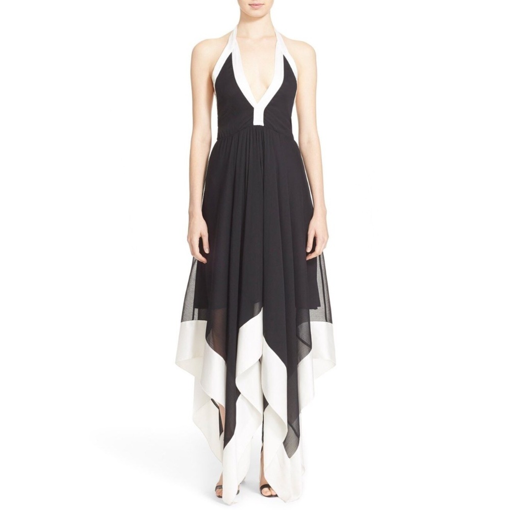 NWT $495 Alice + Olivia Handkerchief Hem Halter Dress Black/White [SZ 2 ]‎